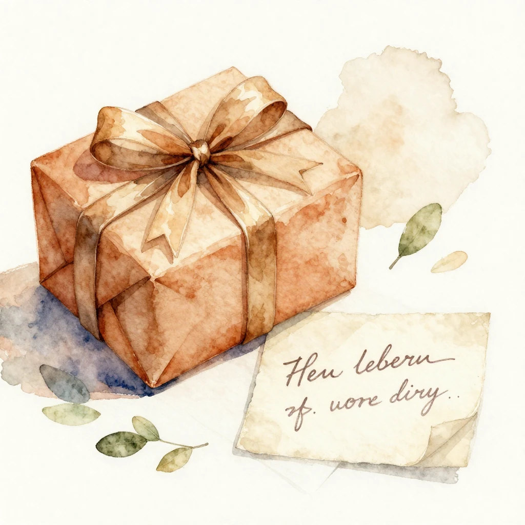 A watercolor illustration of a beautifully wrapped gift box ...