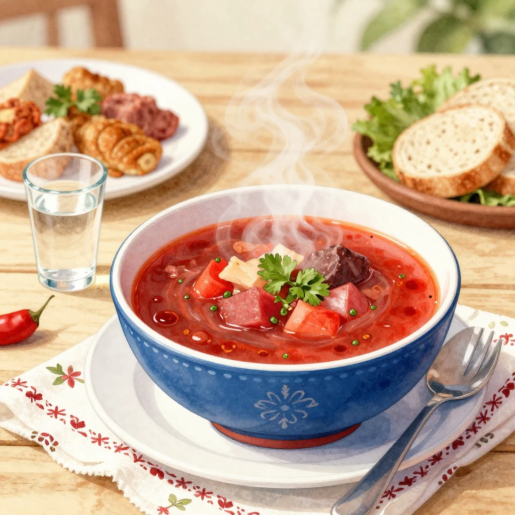 A vibrant watercolor illustration of a table set with tradit...