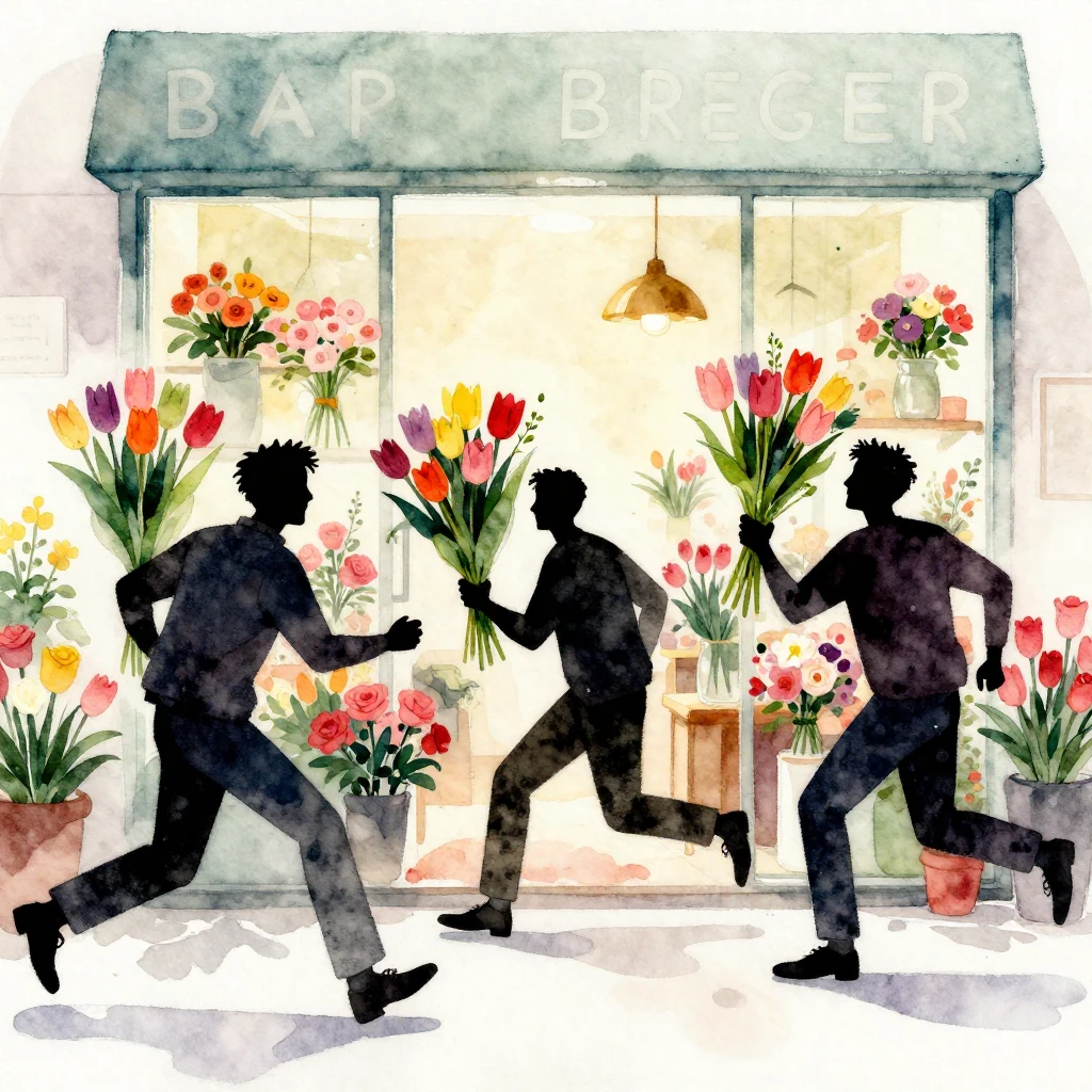 Watercolor style. A chaotic flower shop scene, silhouettes o...