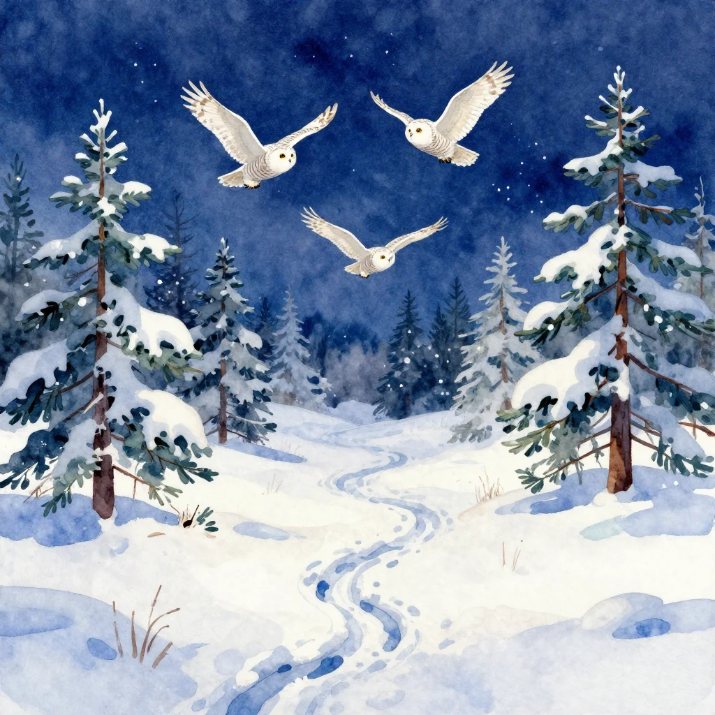 Vibrant watercolor style. Siberian winter wonderland. Taiga,...