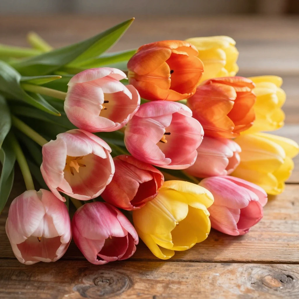 A lush bouquet of tulips in shades of pink, orange, and yell...