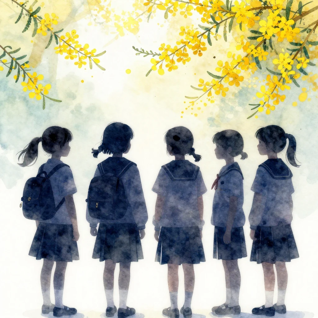 Watercolor style, silhouettes of young girls in cadet unifor...