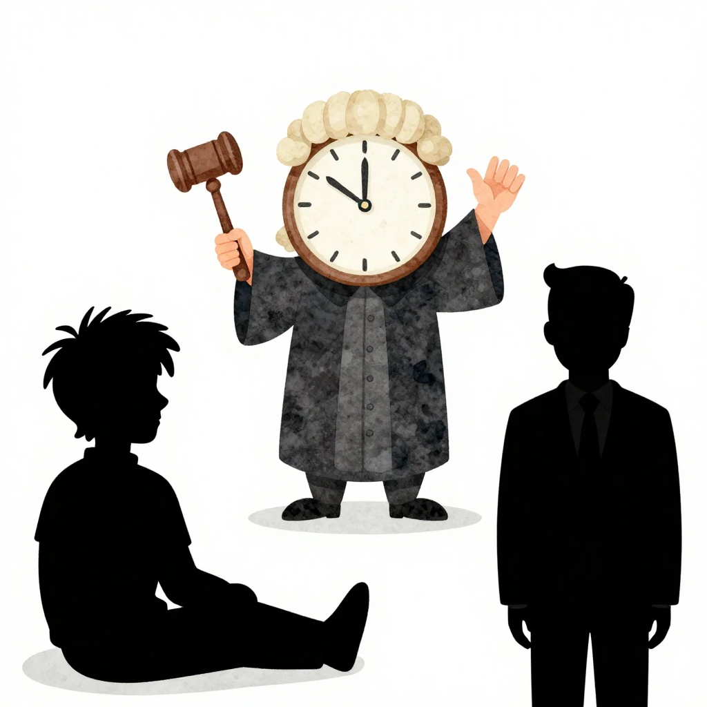 Watercolor style. A funny cartoon clock wearing a judge wig ...