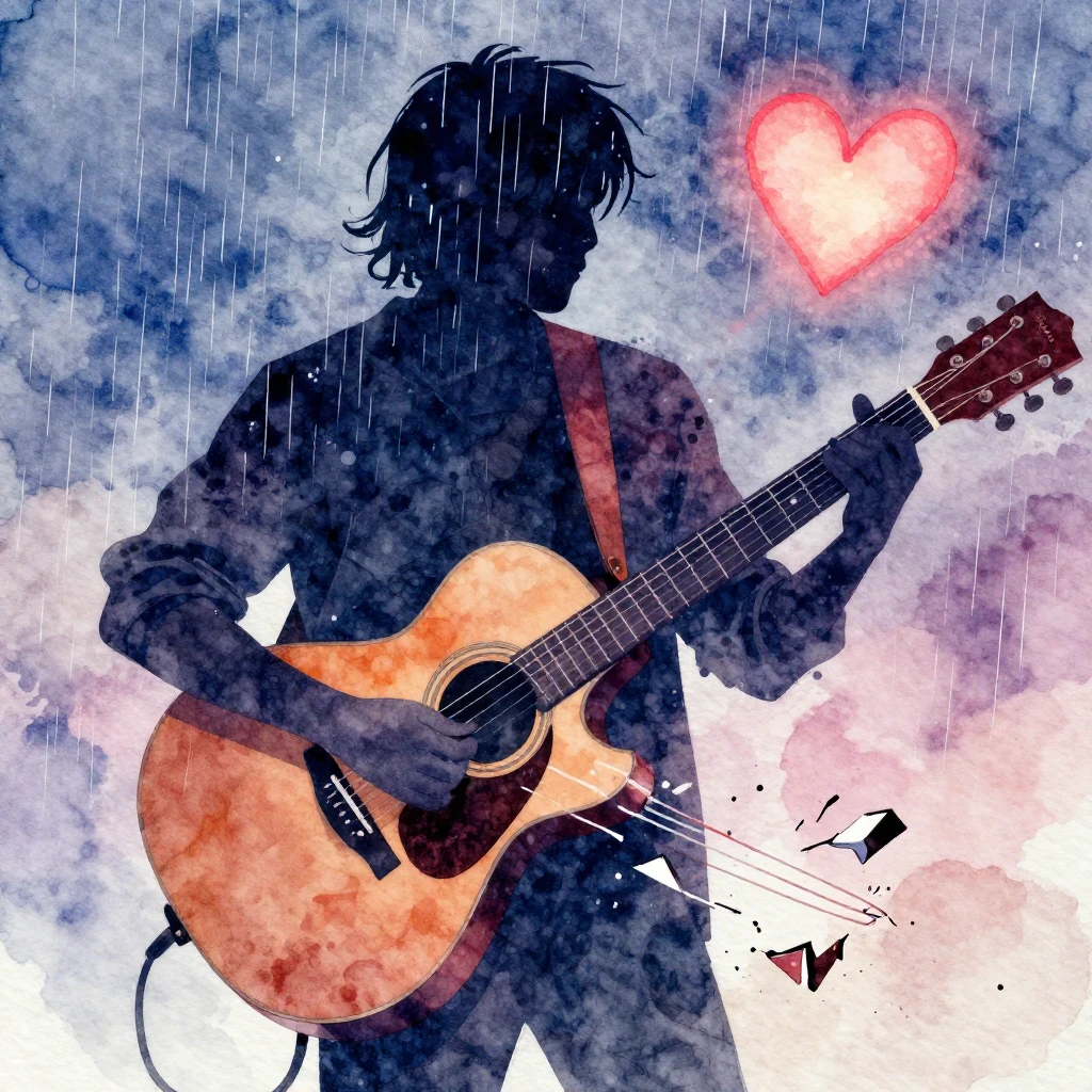 A vibrant watercolor style illustration focusing on a guitar...