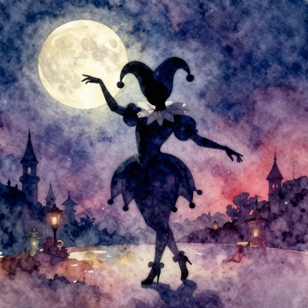 Vibrant watercolor style. A mysterious silhouette of Harlequ...