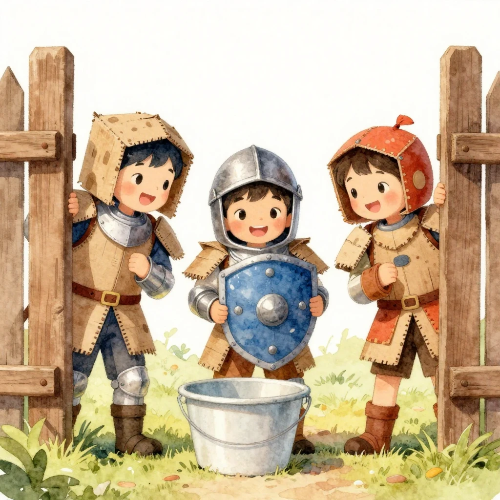 A vibrant watercolor illustration of three young boys dresse...