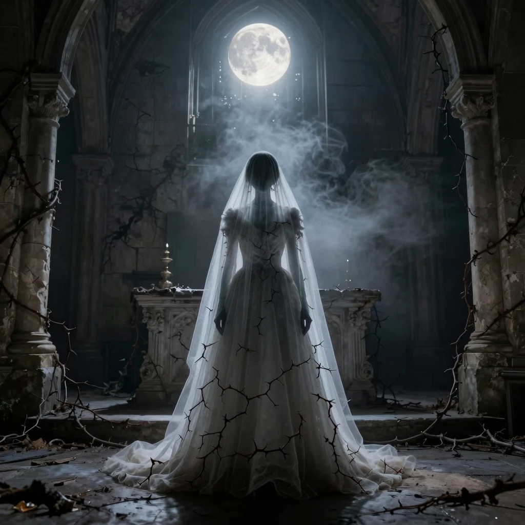 A ghostly bride in a tattered fog-and-thorn dress stands alo...