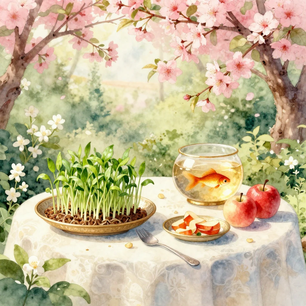 A beautiful watercolor painting of a traditional Haft-Sin ta...