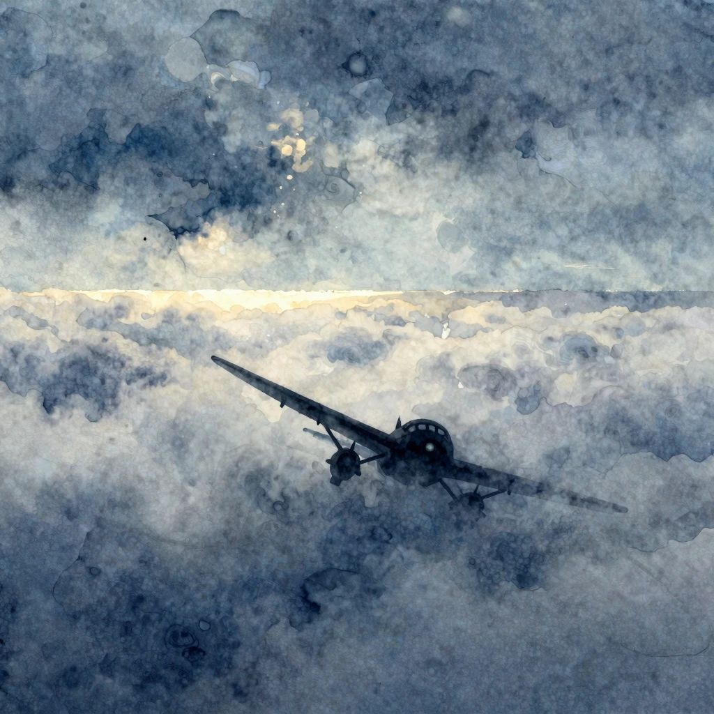 Vibrant watercolor style. A small airplane silhouette strugg...