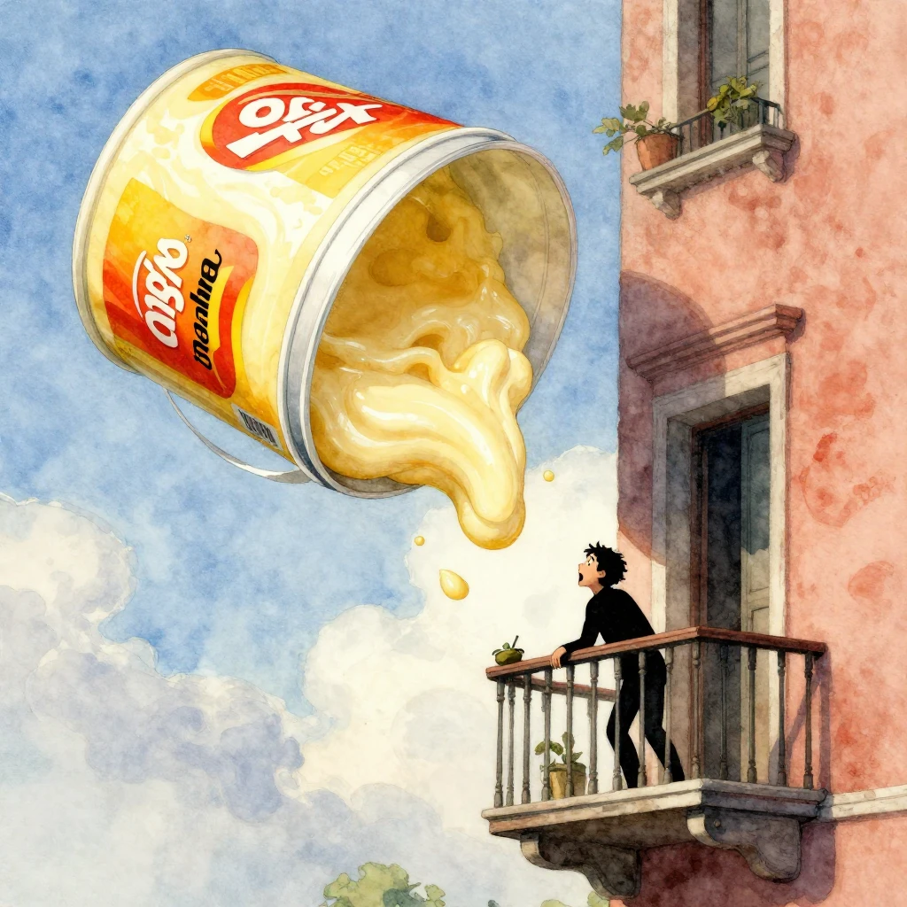 An absurd and humorous watercolor image. A giant, unexpected...