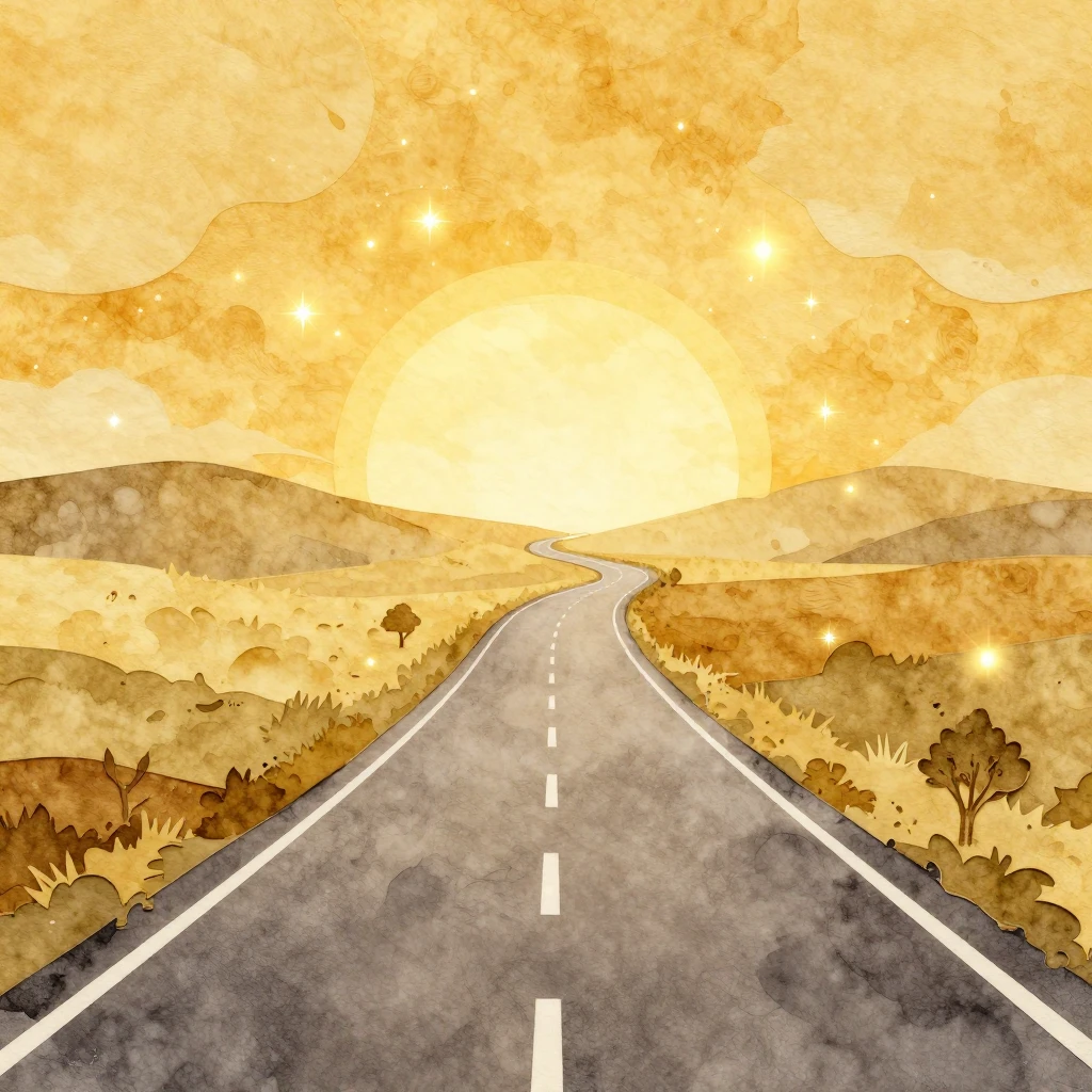 Watercolor landscape of a winding road stretching toward a g...