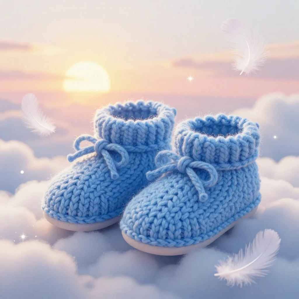 A warm and tender illustration of a pair of baby shoes knitt...