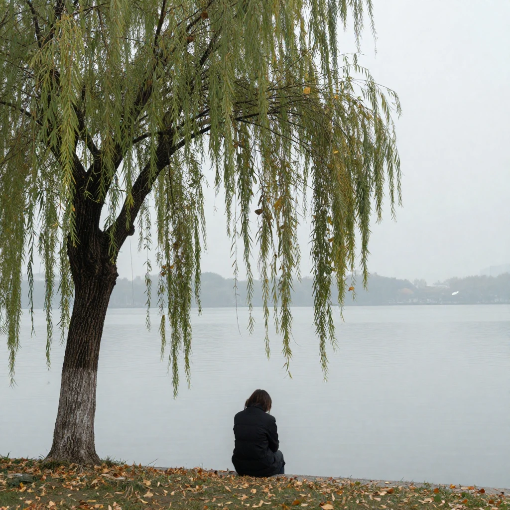A solitary figure under a weeping willow tree by a calm, gre...