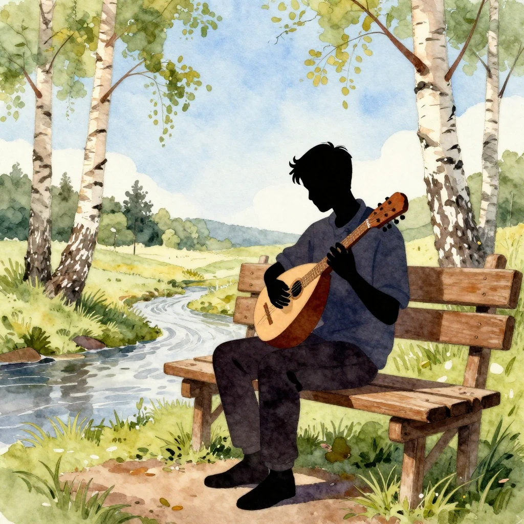 A silhouette of a young man playing a balalaika, sitting on ...