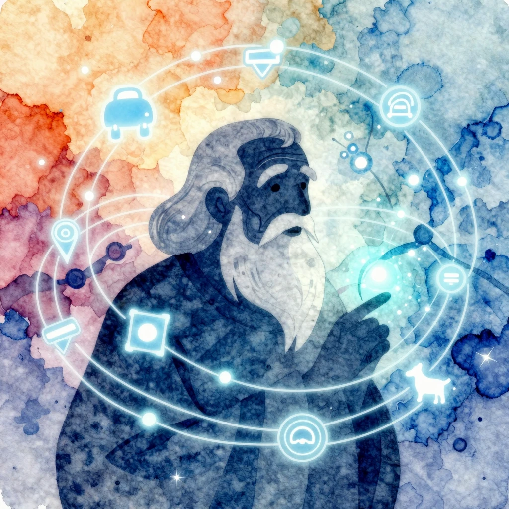 Vibrant watercolor style. A whimsical illustration of a wise...