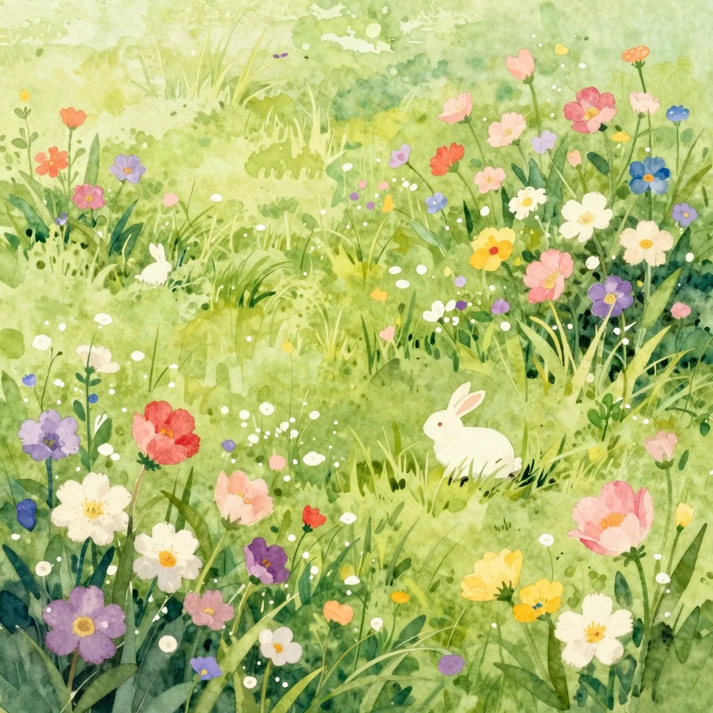 A serene spring meadow landscape, painted in a beautiful wat...