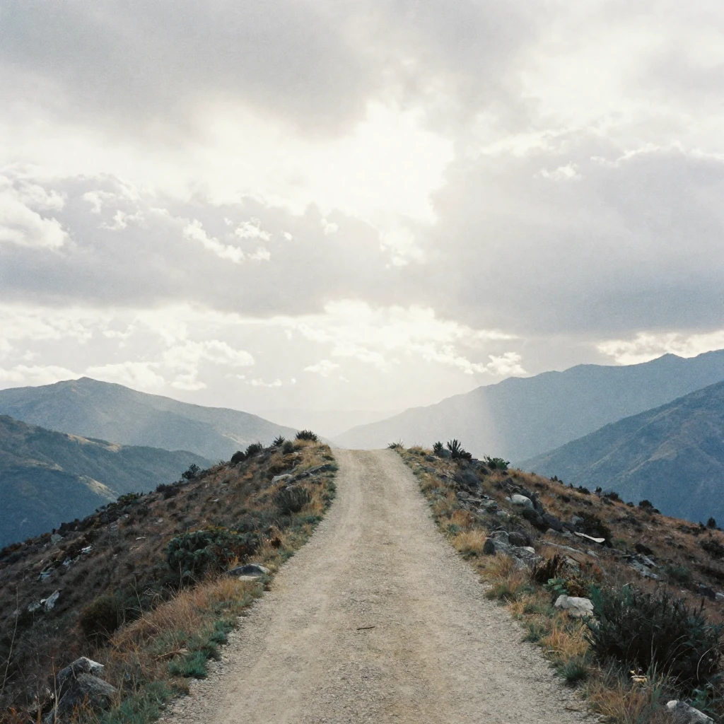 A lone, winding mountain path under a vast, cloudy sky, lead...