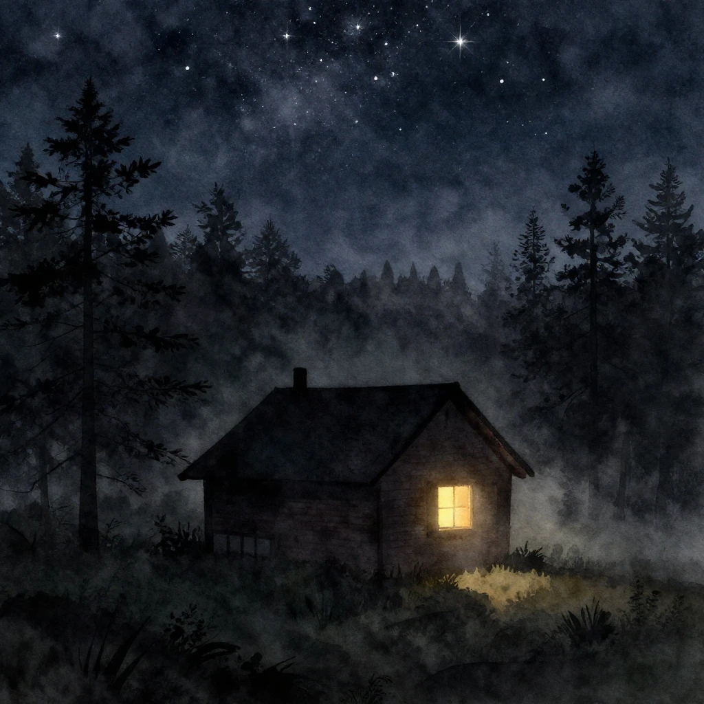 A watercolor silhouette of a solitary cabin in a dark, misty...