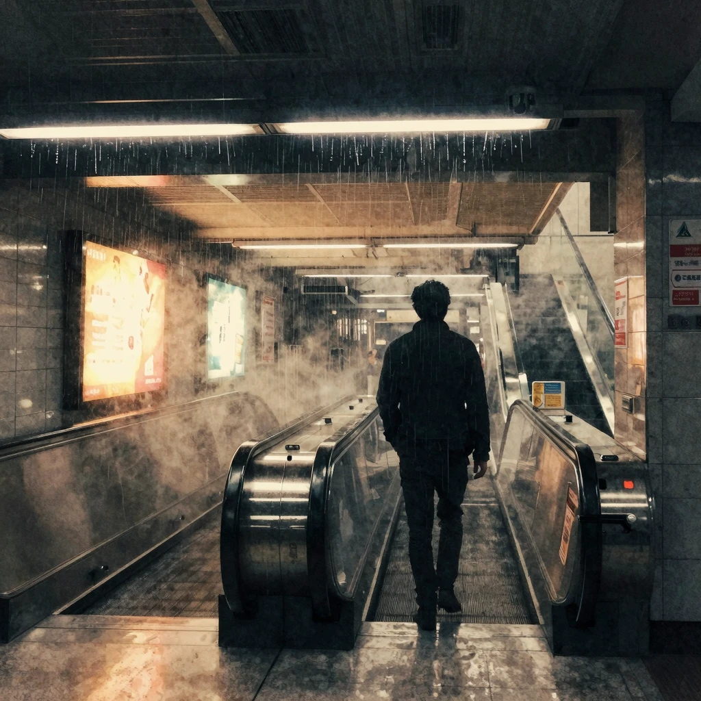 Watercolor style. A dark, atmospheric subway station with a ...