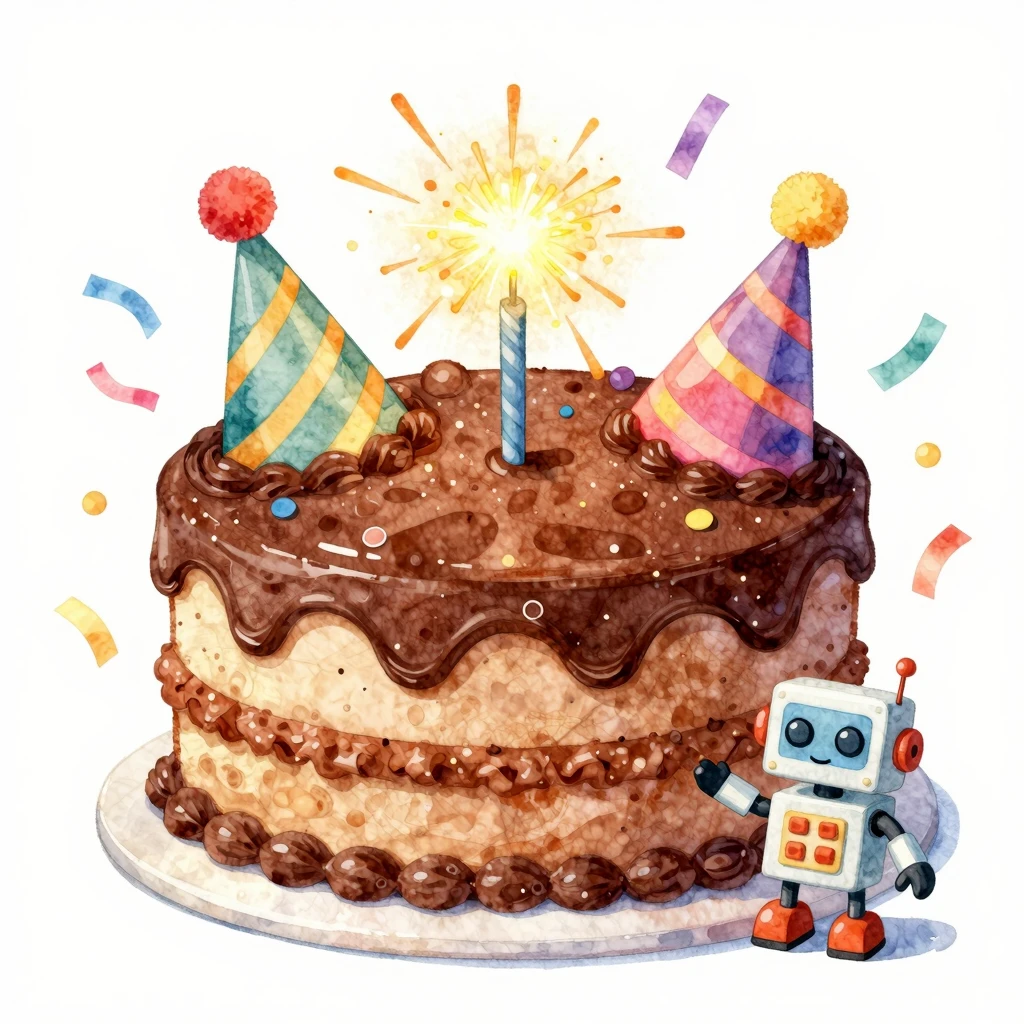Watercolor style, big chocolate cake, sparklers, party hats,...