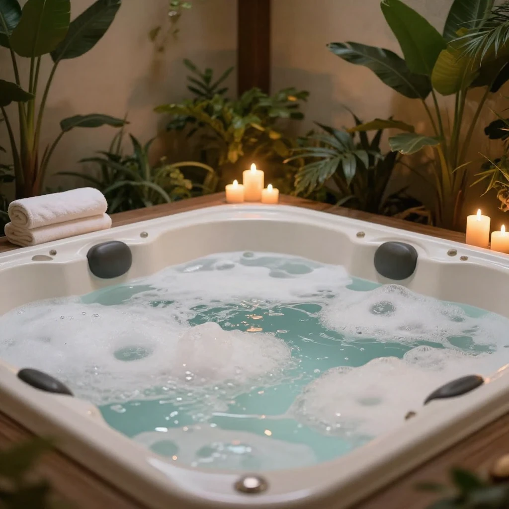 A tranquil spa setting with a large, inviting jacuzzi tub fi...