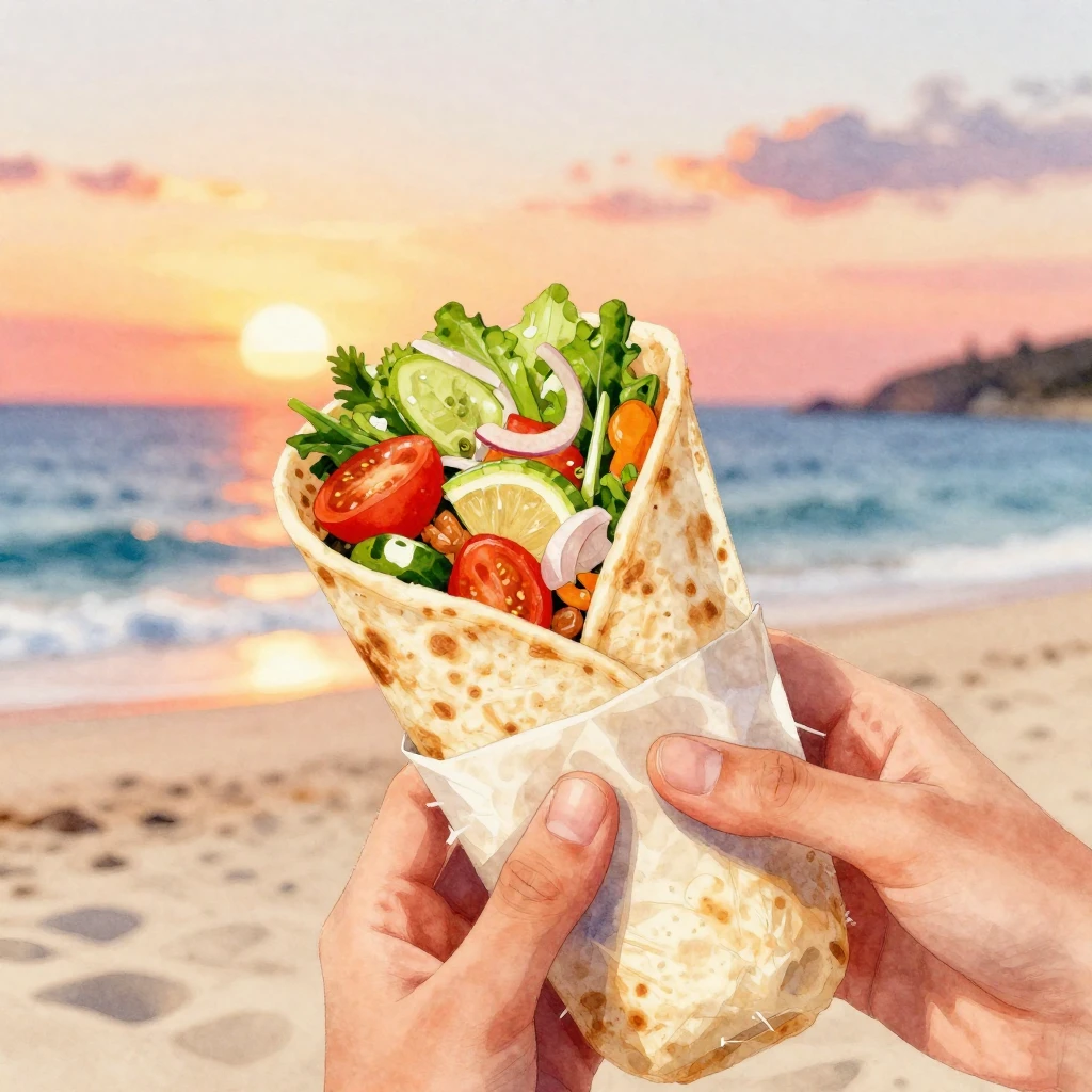 A vibrant watercolor painting focusing on a delicious shawar...