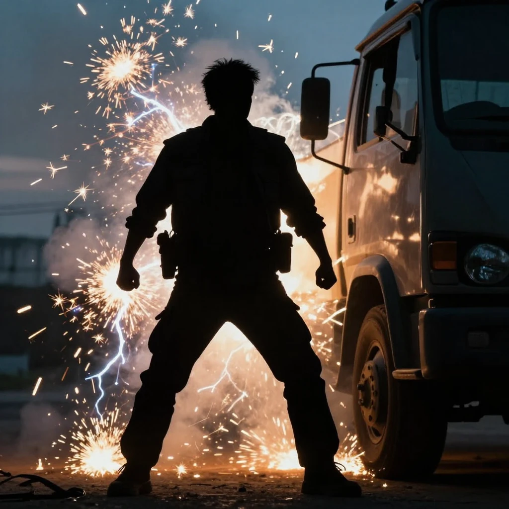 A dark silhouette of a man standing powerfully, surrounded b...