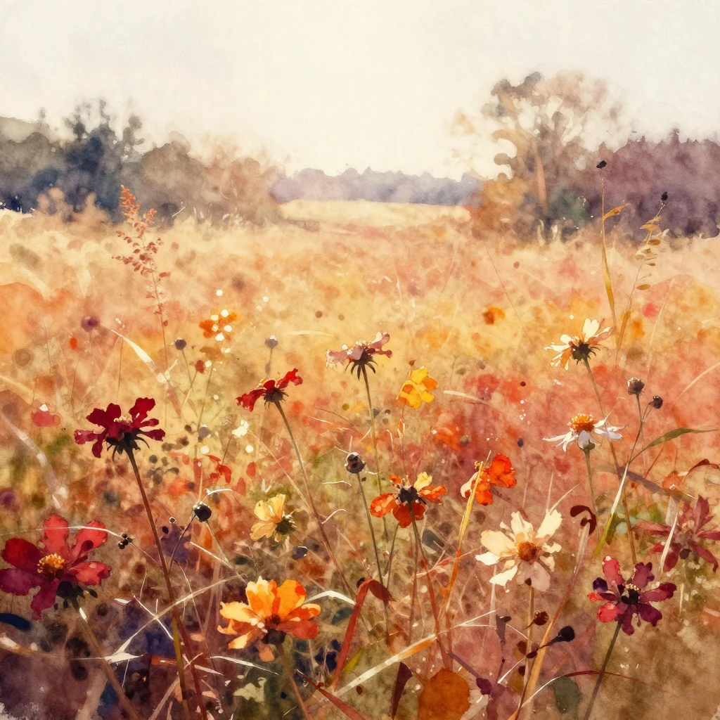 Vibrant watercolor style. Autumn field, fading flowers, dist...
