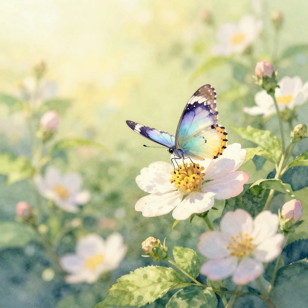 A soft watercolor painting of a delicate butterfly resting o...