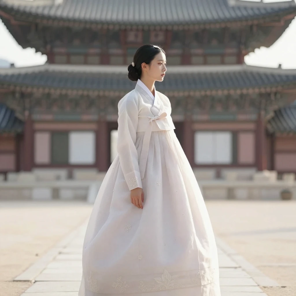 A silhouette of a woman in traditional Korean hanbok standin...