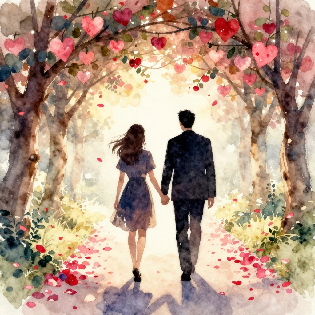 A soft watercolor painting showing two silhouettes walking h...