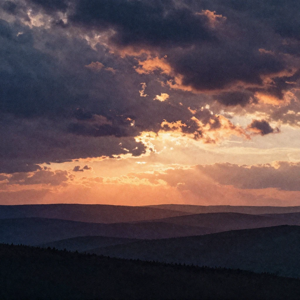 Watercolor style. A vast, dramatic landscape at sunset, with...