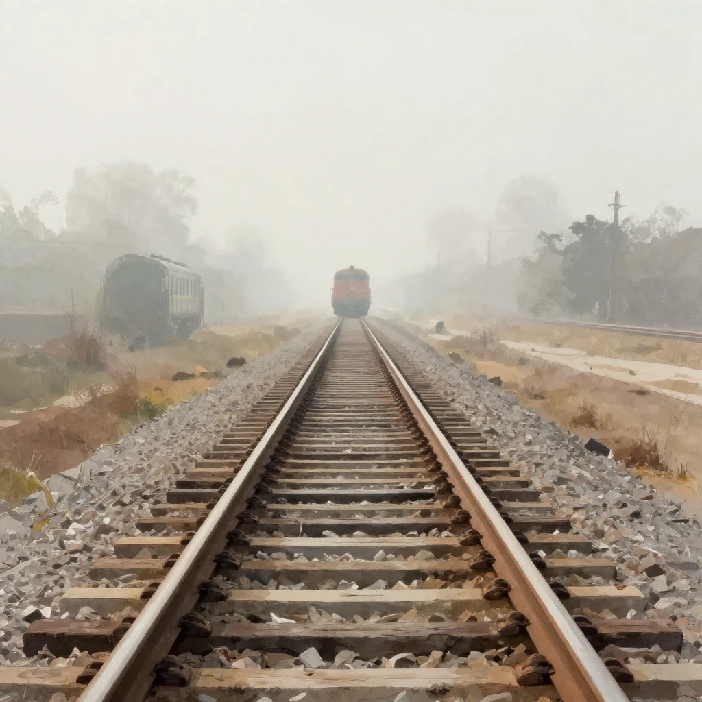 A long, straight, desolate train track disappearing into the...