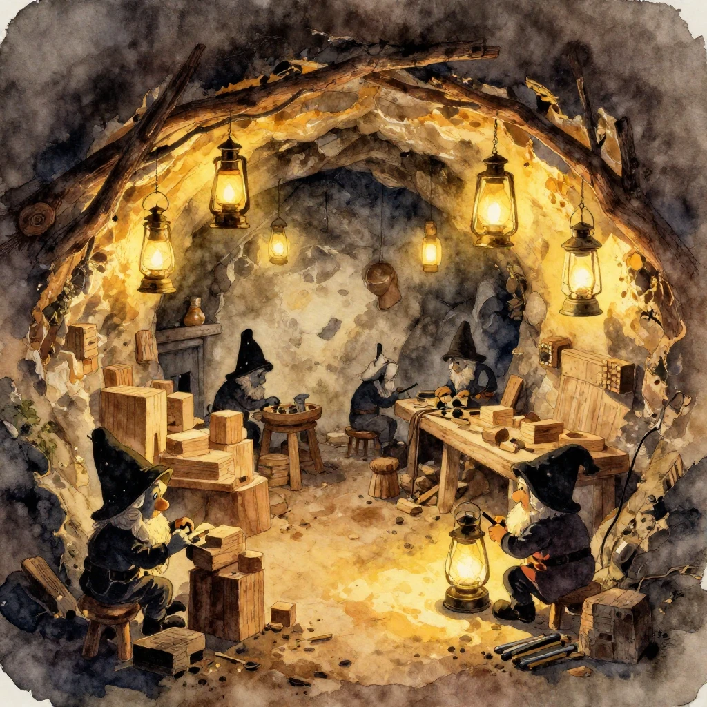 Watercolor style. Silhouettes of small underground dwarves m...