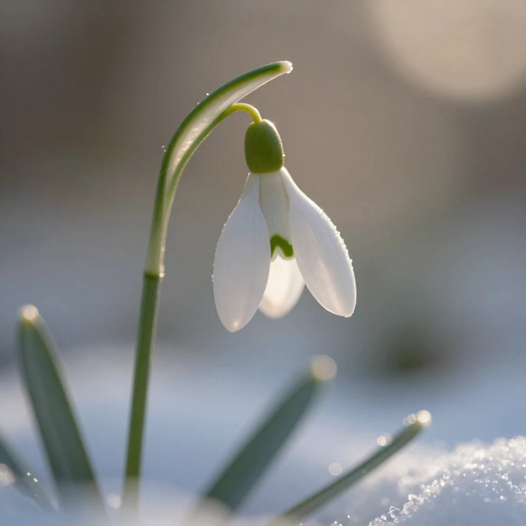 A delicate, single snowdrop flower blooming in soft, falling...