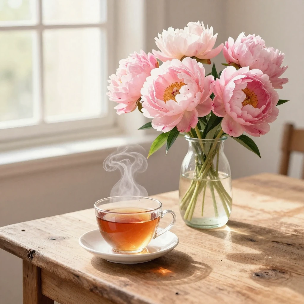 A still life composition featuring a steaming cup of tea nex...