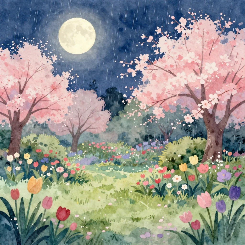 A dreamy watercolor illustration of a spring garden at night...