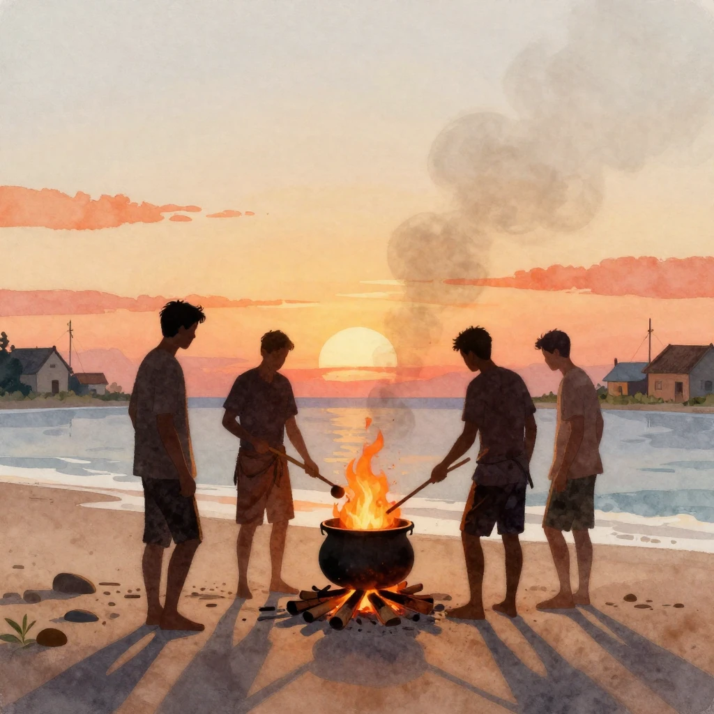 A watercolor digital painting of three men's silhouettes sta...