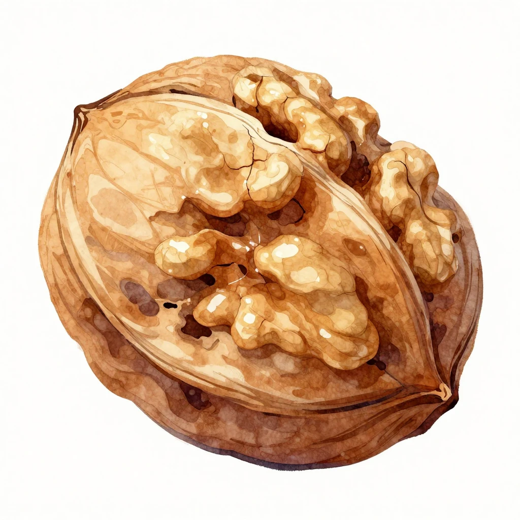 A stylized, cracked nut, possibly a walnut or almond, render...