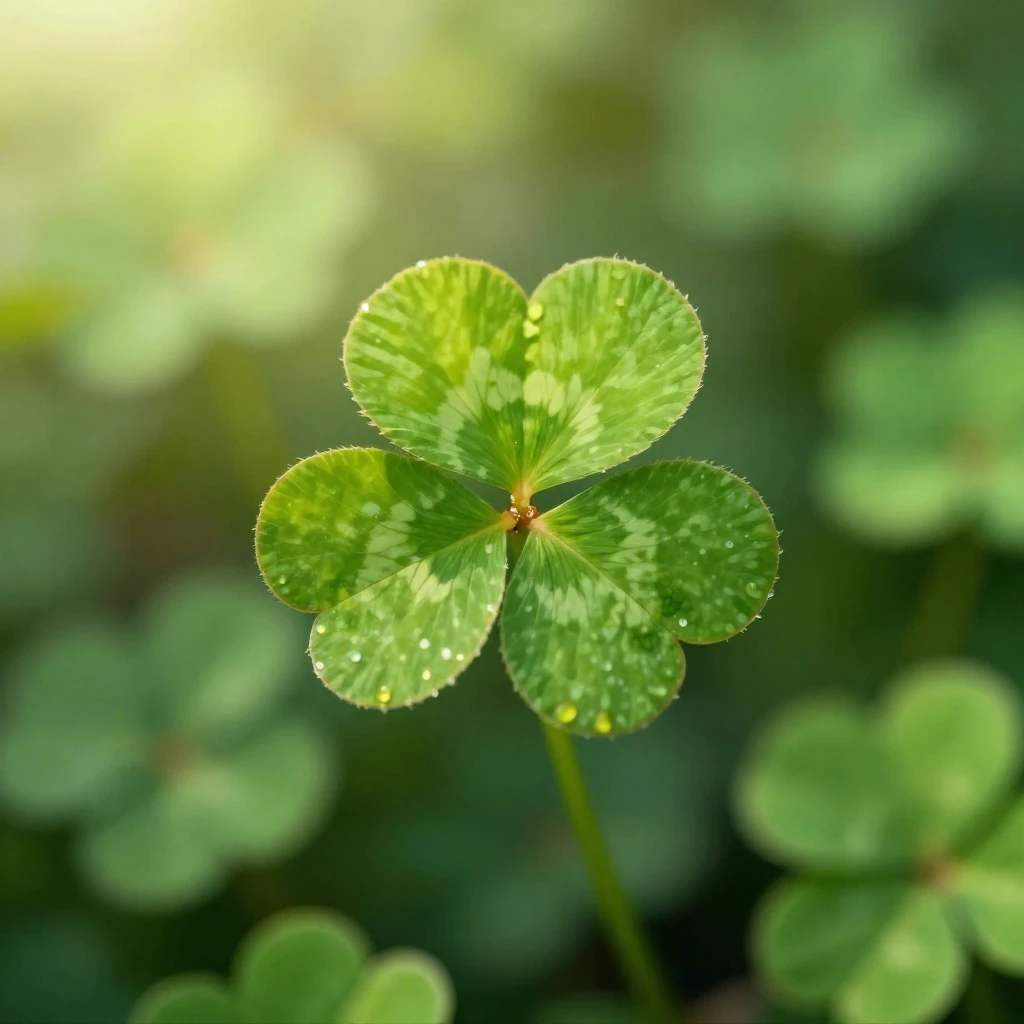 A vibrant four-leaf clover gently illuminated by a ray of su...