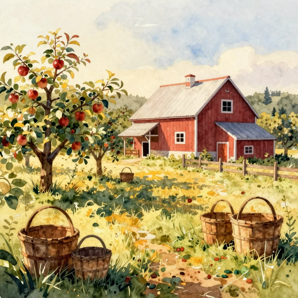 Watercolor style. A charming country farm in the background ...