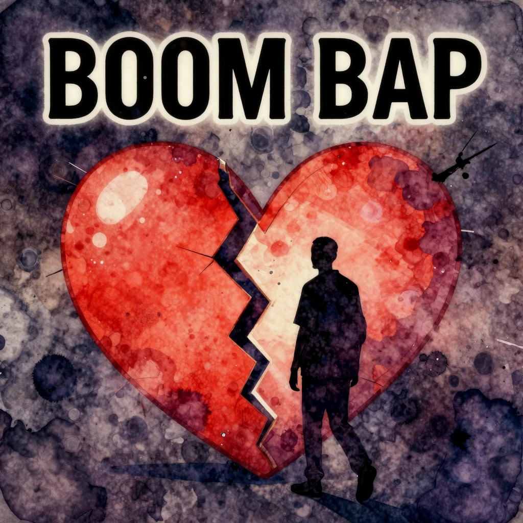 Vibrant watercolor style. Boom Bap rap album cover. A broken...