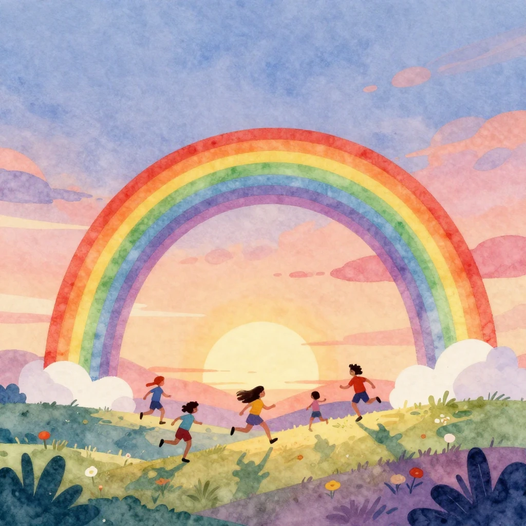Vibrant watercolor illustration of a majestic rainbow arc st...