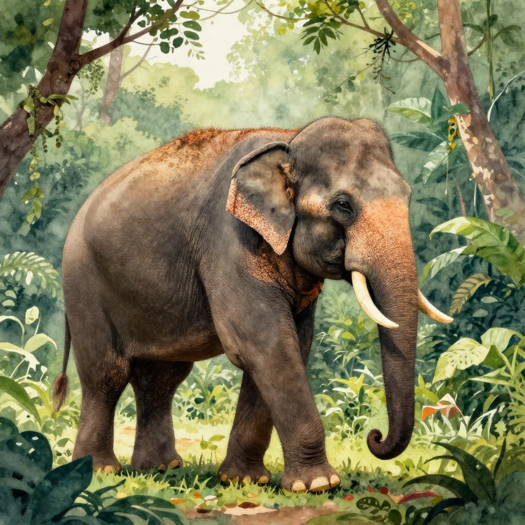 A serene watercolor painting depicting a majestic Thai eleph...