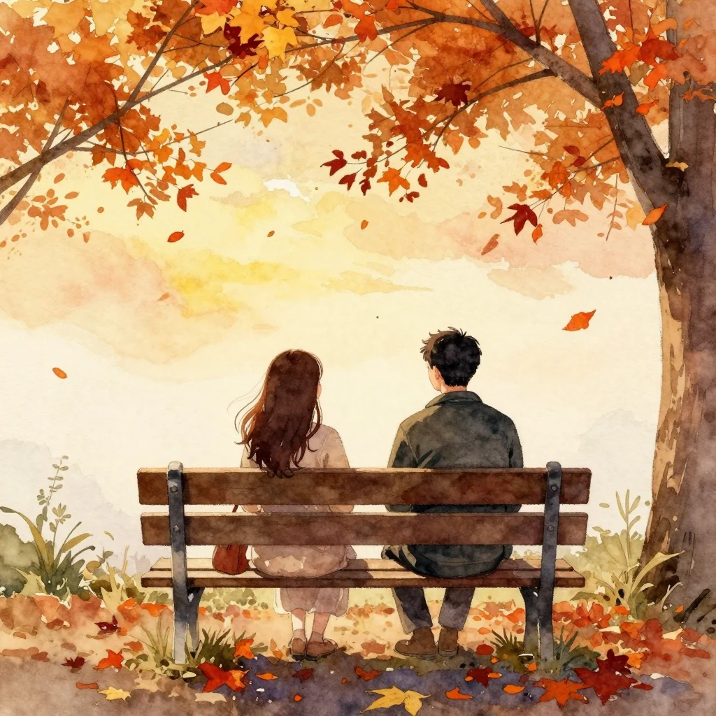 Watercolor painting of a cozy autumn scene with two friends ...