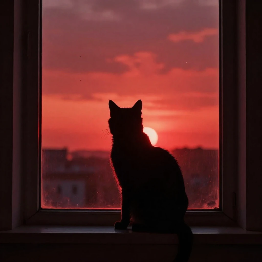 A dark silhouette of a cat sitting on a window sill, looking...