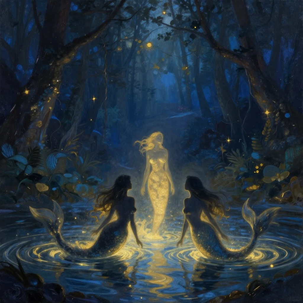 Ethereal silhouettes of mermaids emerging from glowing river...