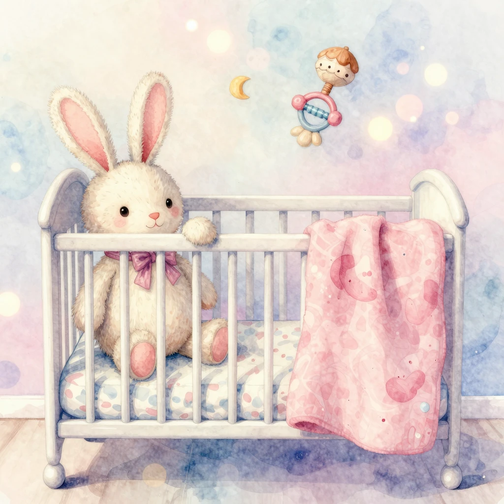 Dreamy watercolor illustration of a baby nursery with a plus...