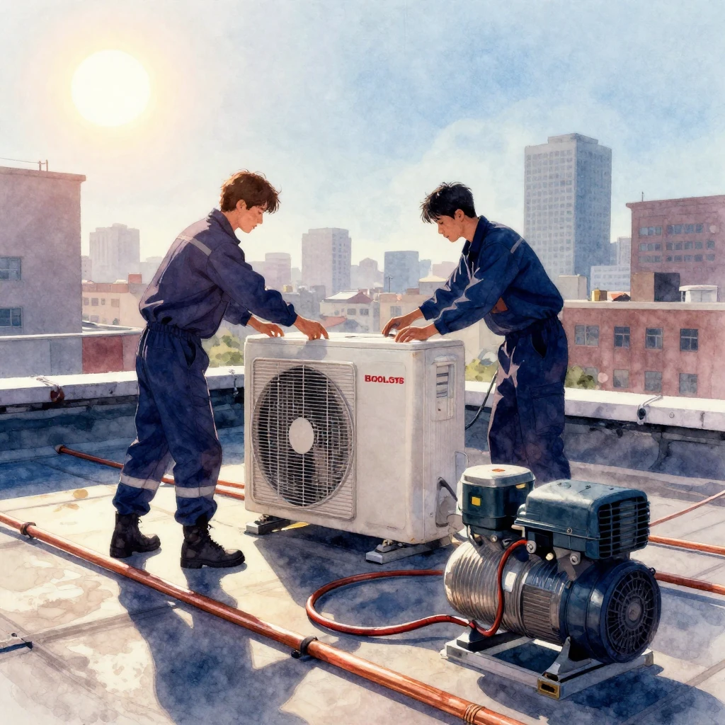 A vibrant watercolor scene showing two silhouetted technicia...