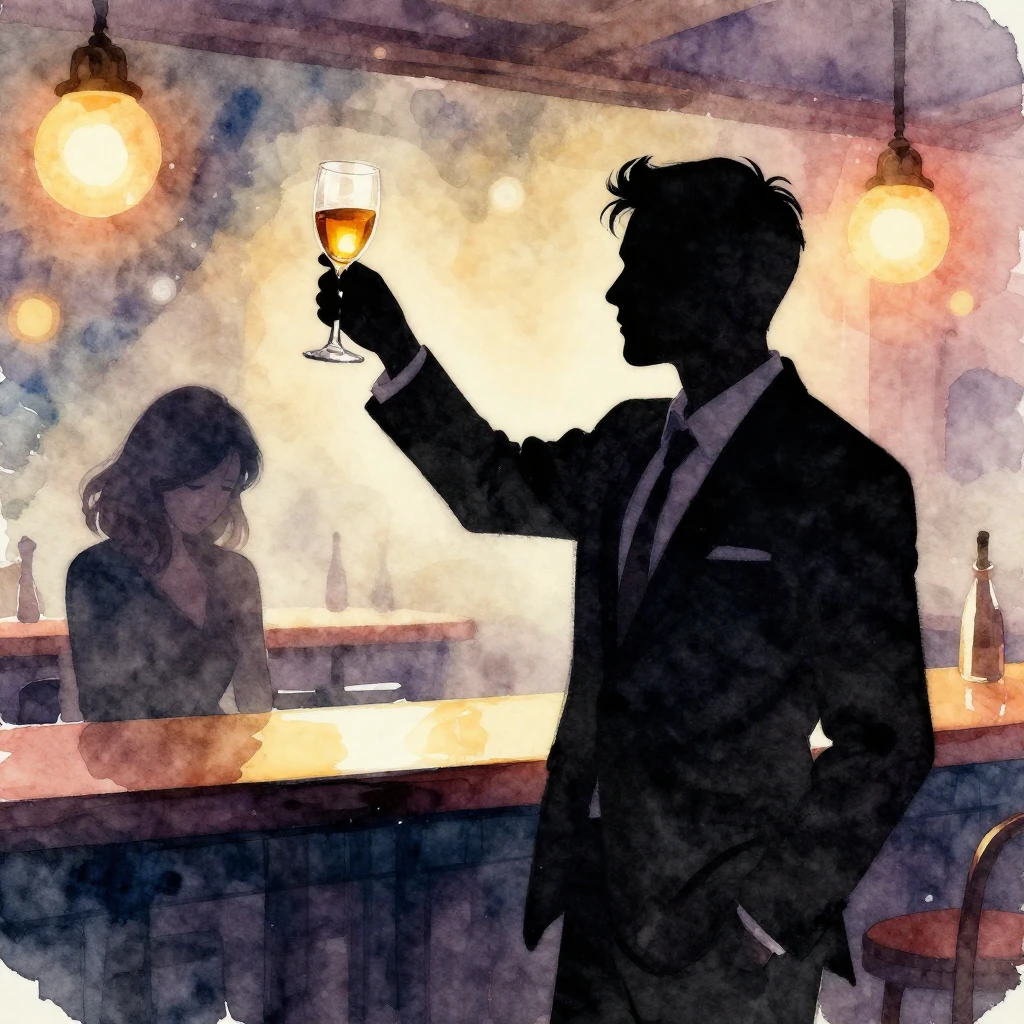 Vibrant watercolor style. A man's silhouette in a black suit...